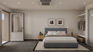 Comfort tweepersoonskamer, patio, uitzicht op zee | Een kluis op de kamer, een bureau, een strijkplank/strijkijzer