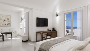 A modern hotel room with a bed, a desk, a television, and a balcony with a view. - Terracotta Sunset Suites (Oia)
