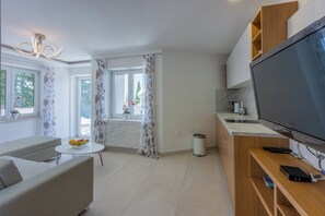 Een moderne woonkamer met een bank, een klein rond tafeltje met fruit, een televisie en een keukenhoek met een spoelbak en kastjes.
