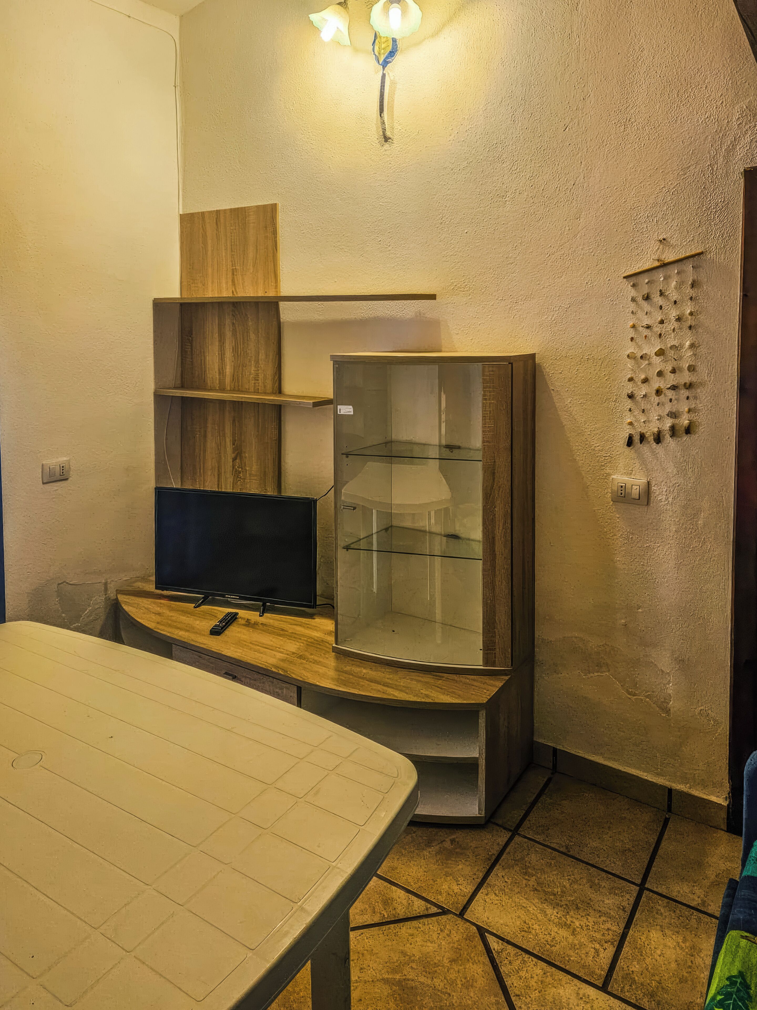 A room with a TV, a glass-fronted cabinet, a wooden shelf, and a wall-mounted decoration.