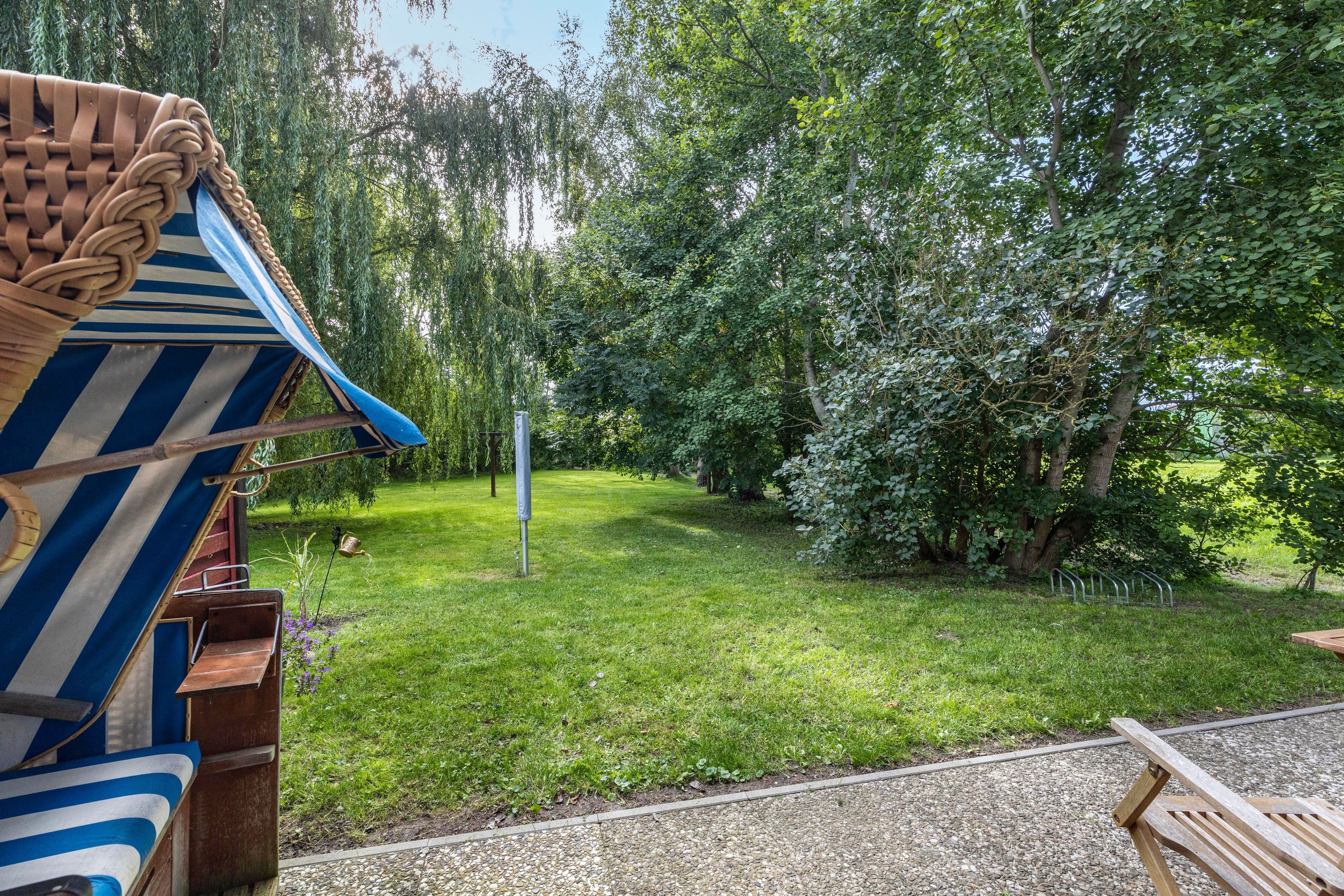 Ein Garten mit Rasen, Bäumen, einer hölzernen Bank und einer Metallkonstruktion.