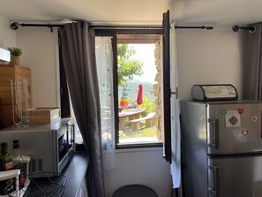 A compact kitchen with a refrigerator, a microwave, and a small dining area visible through an open window. - Studio-Mountain view-Private Bathroom (Aleu)