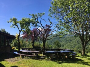 A picnic area with benches and a stone building in a forested setting. - Studio-Mountain view-Private Bathroom (Aleu)