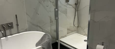 Shower, hair dryer, soap