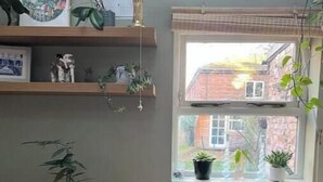 A room with a large window, a wooden shelf with decorative items, and a potted plant. - Stylish Family Home with Garden near Tottenham Stadium & Easy Central Access (London)