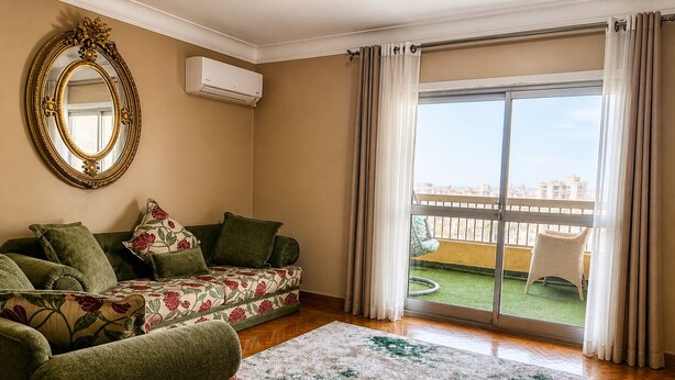 Ein Wohnzimmer mit einer Couch, einem gemusterten Teppich, einem Spiegel und einer Glastür, die auf einen Balkon führt.