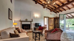 Una sala de estar con chimenea, televisor y un amplio ventanal.