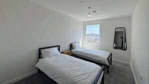 Une chambre avec deux lits simples, une fenêtre donnant sur un beau paysage, un miroir et un luminaire au plafond.