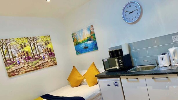 A bedroom with a bed, a small kitchenette, a clock, and two paintings on the wall. - Studio flat en-suite, Kitchenette, Parking, NP4 (Newbury Park)