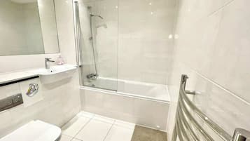 Shower, hair dryer, shampoo