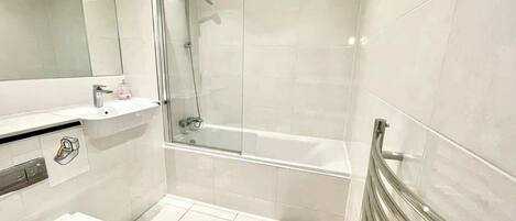 Shower, hair dryer, shampoo