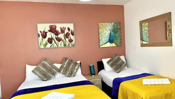 A room with two beds, each with a yellow bedspread and a white pillow. There are two paintings on the wall, one of tulips and one of a peacock. A red lamp hangs from the ceiling. - En-suite Studio Room with Kitchenette, Parking (Greater London)