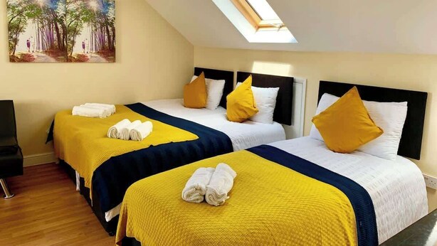 A hotel room with two beds, a skylight, and a painting on the wall. - Studio flat en-suite, Kitchenette, Parking, NP7 (Newbury Park)