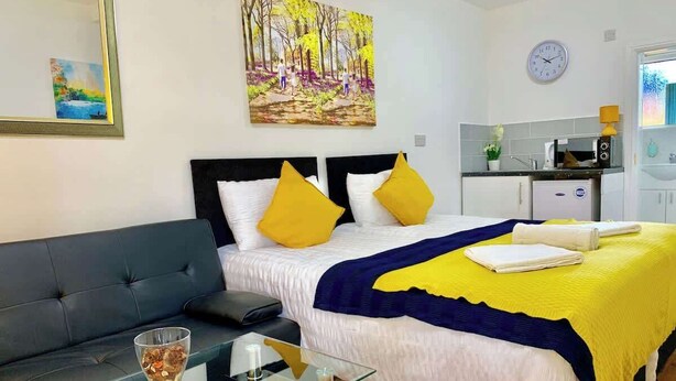 A hotel room with a bed, a sofa, a glass coffee table, a painting on the wall, and a clock. - Studio flat en-suite, Kitchenette, Parking, NP2 (Newbury Park)