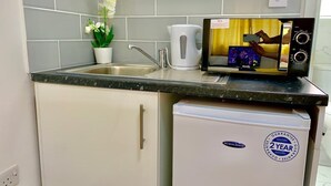 A compact kitchen with a microwave, a small refrigerator, a sink, and a potted plant. - Studio flat en-suite, Kitchenette, Parking, NP2 (Newbury Park)