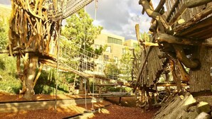 Een speeltuin met schommels en klimconstructies.