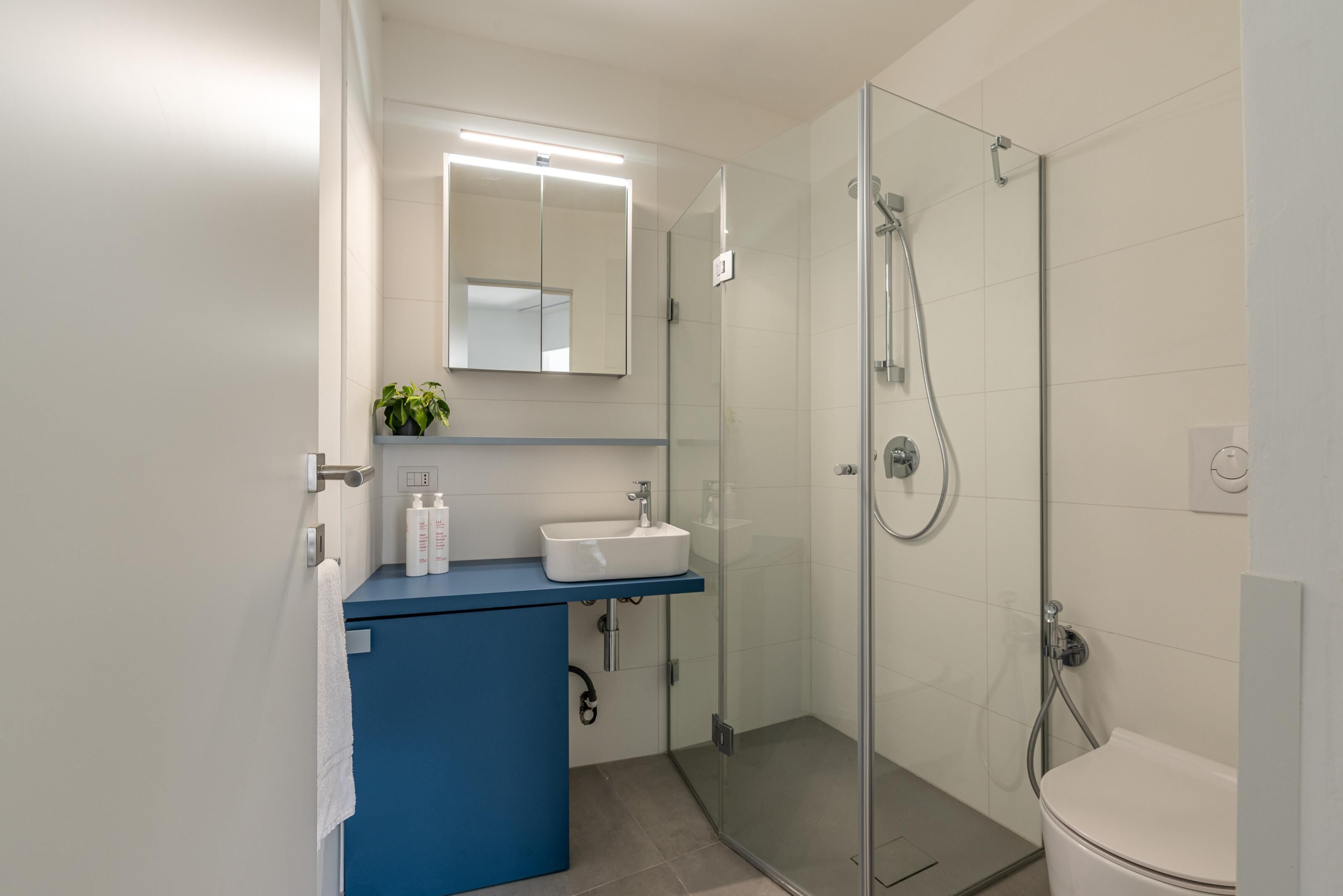 A modern bathroom with a glass shower enclosure, a white sink, and a blue countertop.