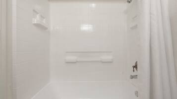 Hair dryer, bidet, towels, soap