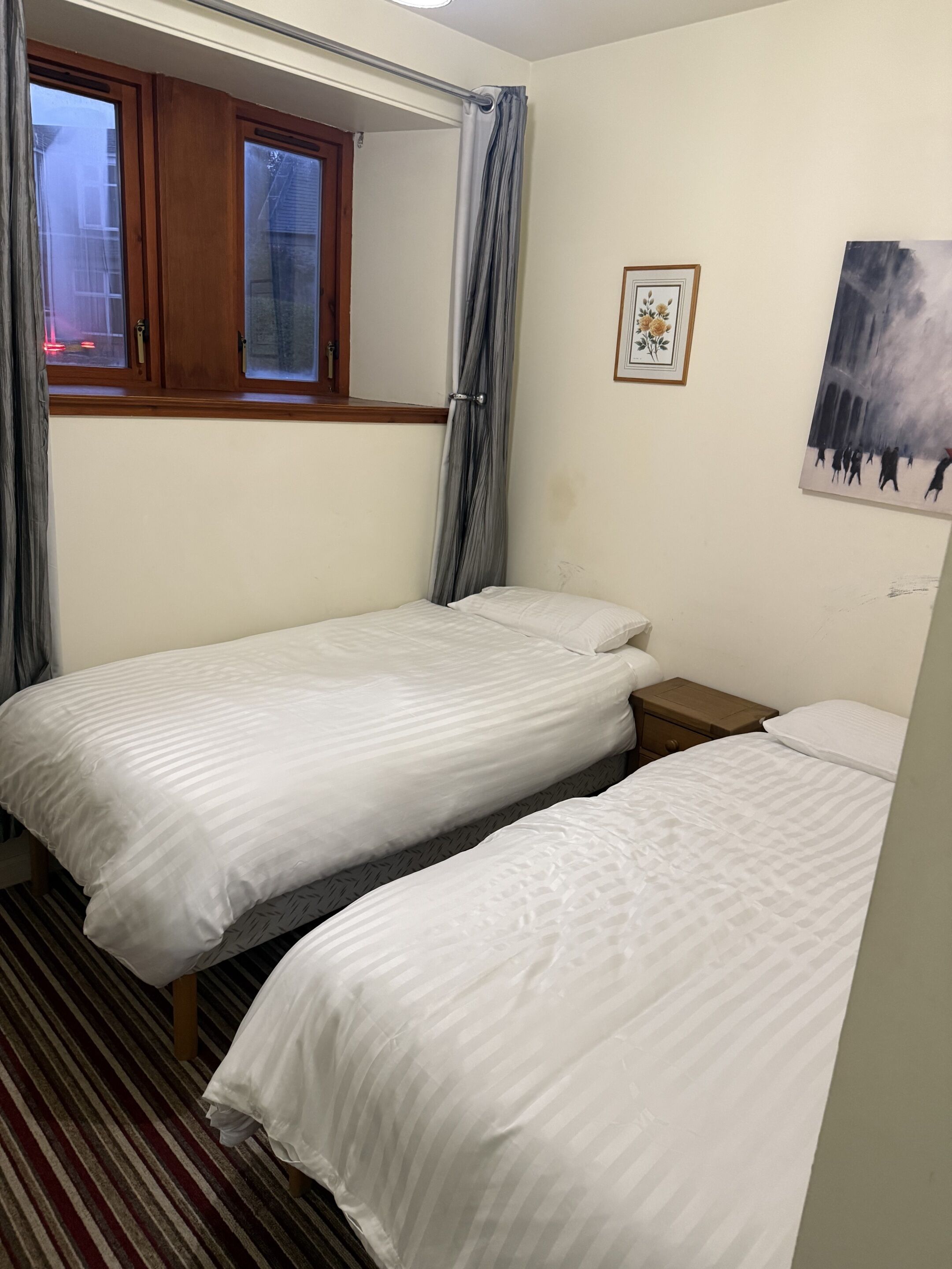 Habitació amb dues lliteres individuals, una finestra amb cortines, una petita taula de nit, un quadre amb marc a la paret i un terra amb moqueta.