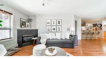 Smart TV, fireplace, books