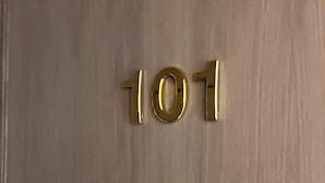 Una puerta de madera con el número 101 en dorado.