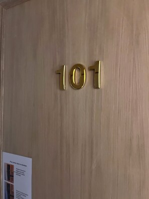 Eine Holztür mit der Nummer 101 in Gold.