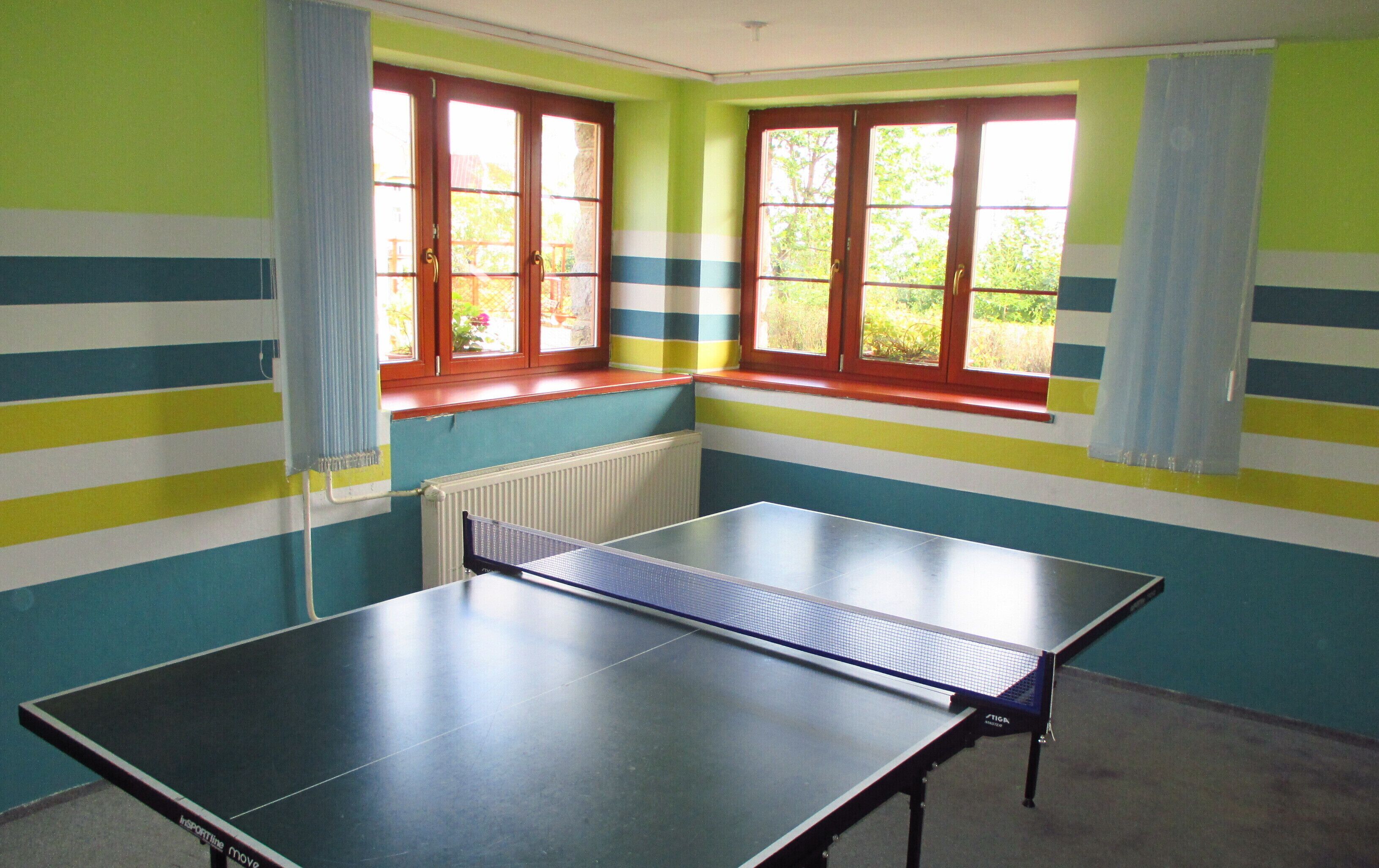 Una habitación con mesa de ping pong, dos ventanas con cortinas y un radiador.