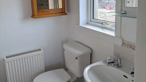 A bathroom with a toilet, a white radiator, a sink, and a window with a view of the outside.