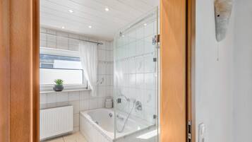 Shower, hair dryer, towels