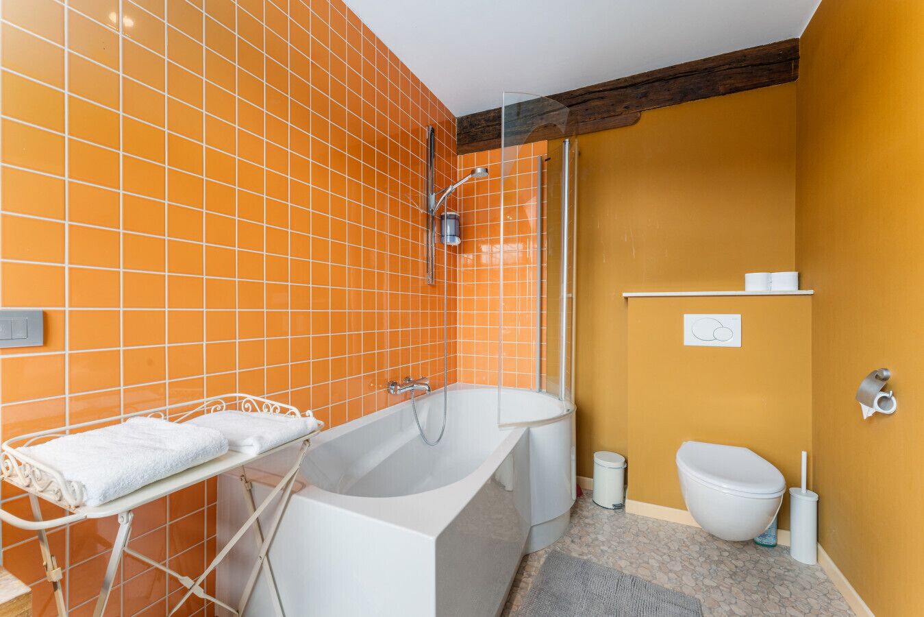 Hair dryer, towels, toilet paper