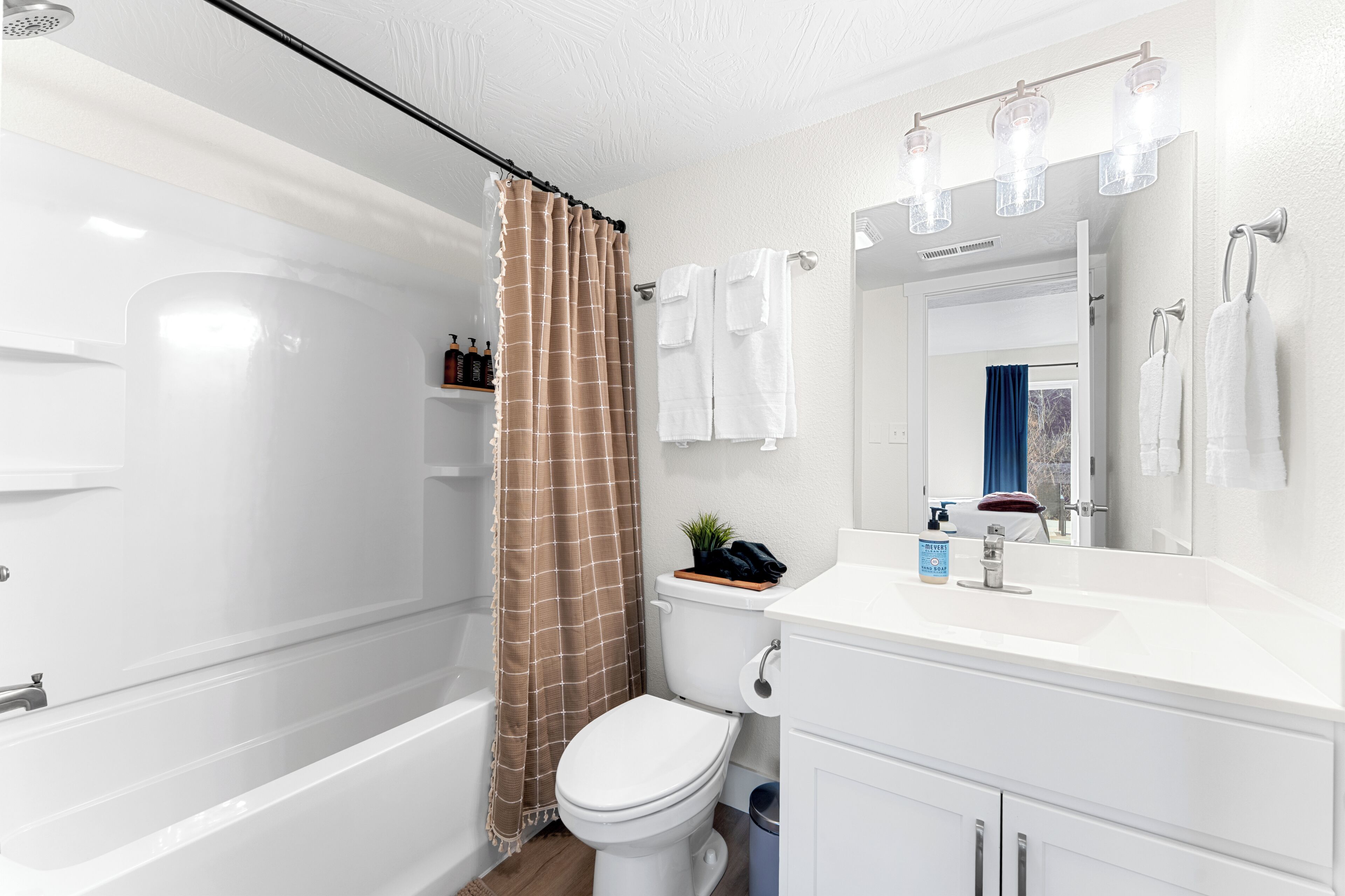 Hair dryer, towels, soap, shampoo