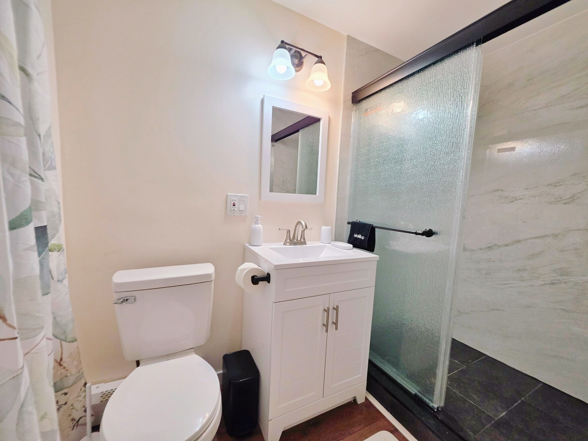 Hair dryer, towels, soap, shampoo