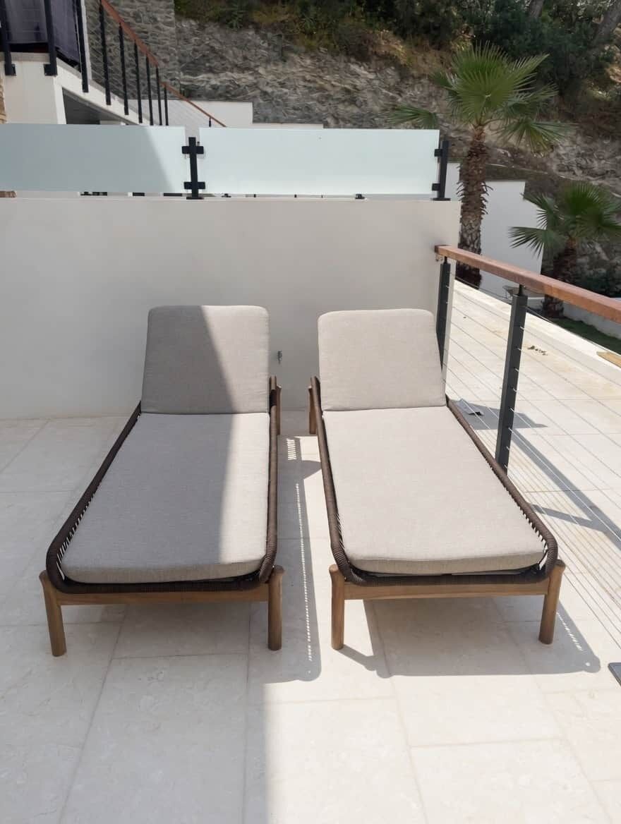 Dos sillones con cojines en un patio empedrado con baranda y vistas a un edificio con escaleras.