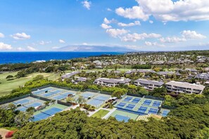 Vue aérienne d’un quartier résidentiel avec plusieurs courts de tennis, entourés d’une végétation luxuriante et de maisons.