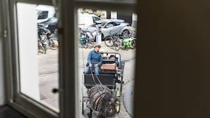 A view through a window of a street scene with a cart, bicycles, and parked cars. - Amazing scenic city view room The Lake Suites (Brugge)