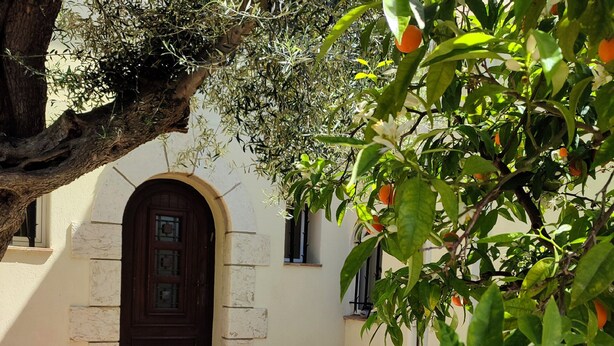 A building with a tiled entrance, a large tree, and a fruit-bearing plant. - Haven of peace in a villa with pool (Antibes)