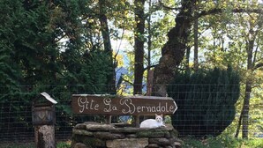 A rustic stone sign with a white cat sitting on it, surrounded by a stone wall and a wooden fence.
