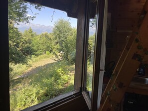 Une pièce dotée d’une grande fenêtre donnant sur une zone boisée, avec des montagnes visibles au loin.