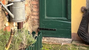 A green door labeled 'SAUNA' with a window above it, a metal bucket hanging on a pole, and a brick wall. - The Willow Bed & Breakfast - Room Sage (Veruno)