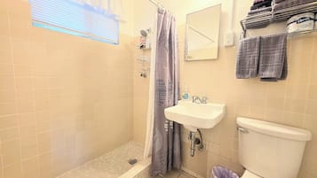 Shower, hair dryer, towels