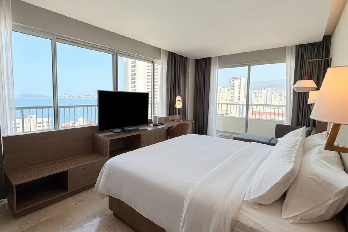 A hotel room with a large bed, a TV, a desk, and a view of the city.