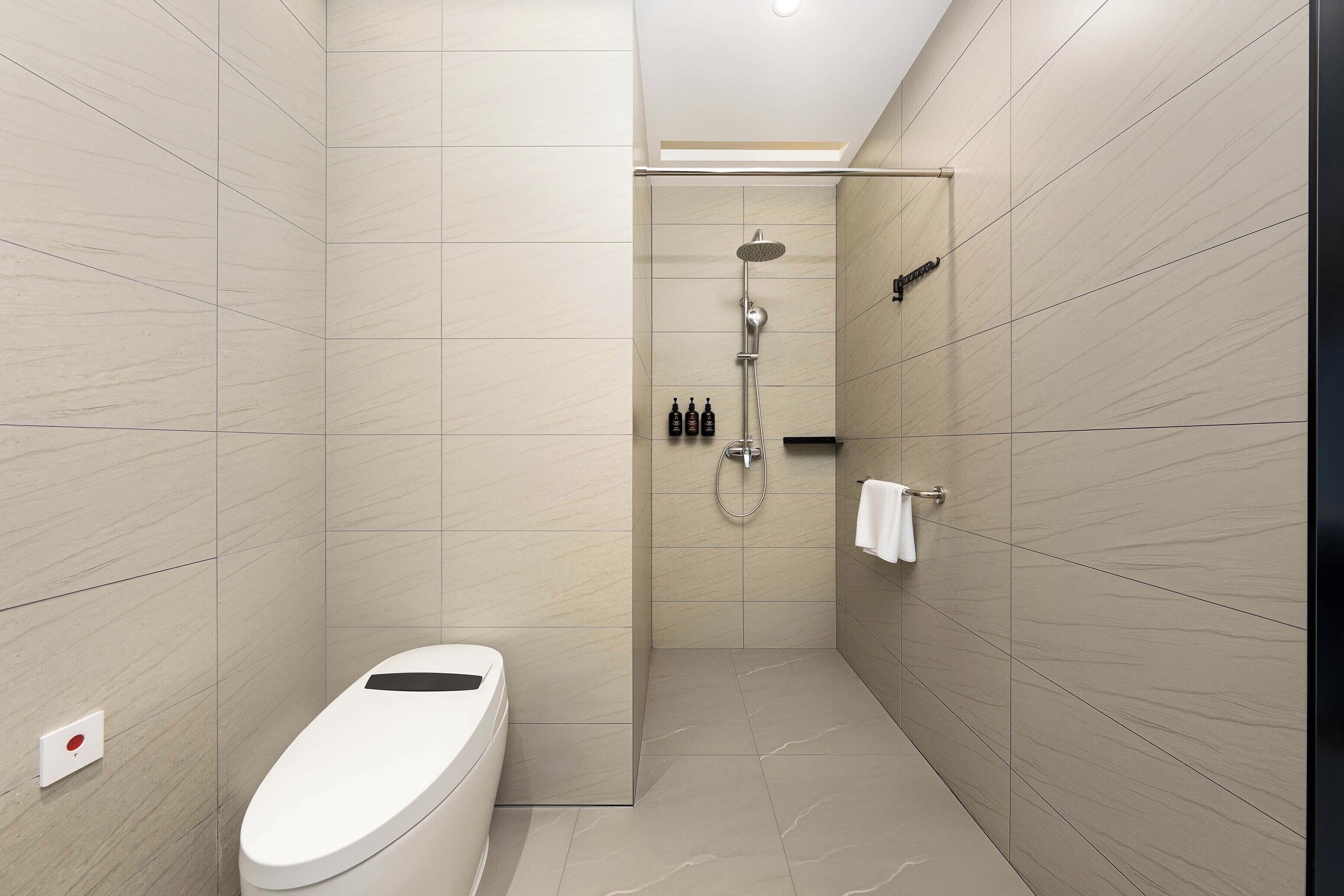 Shower, free toiletries, hair dryer, bathrobes