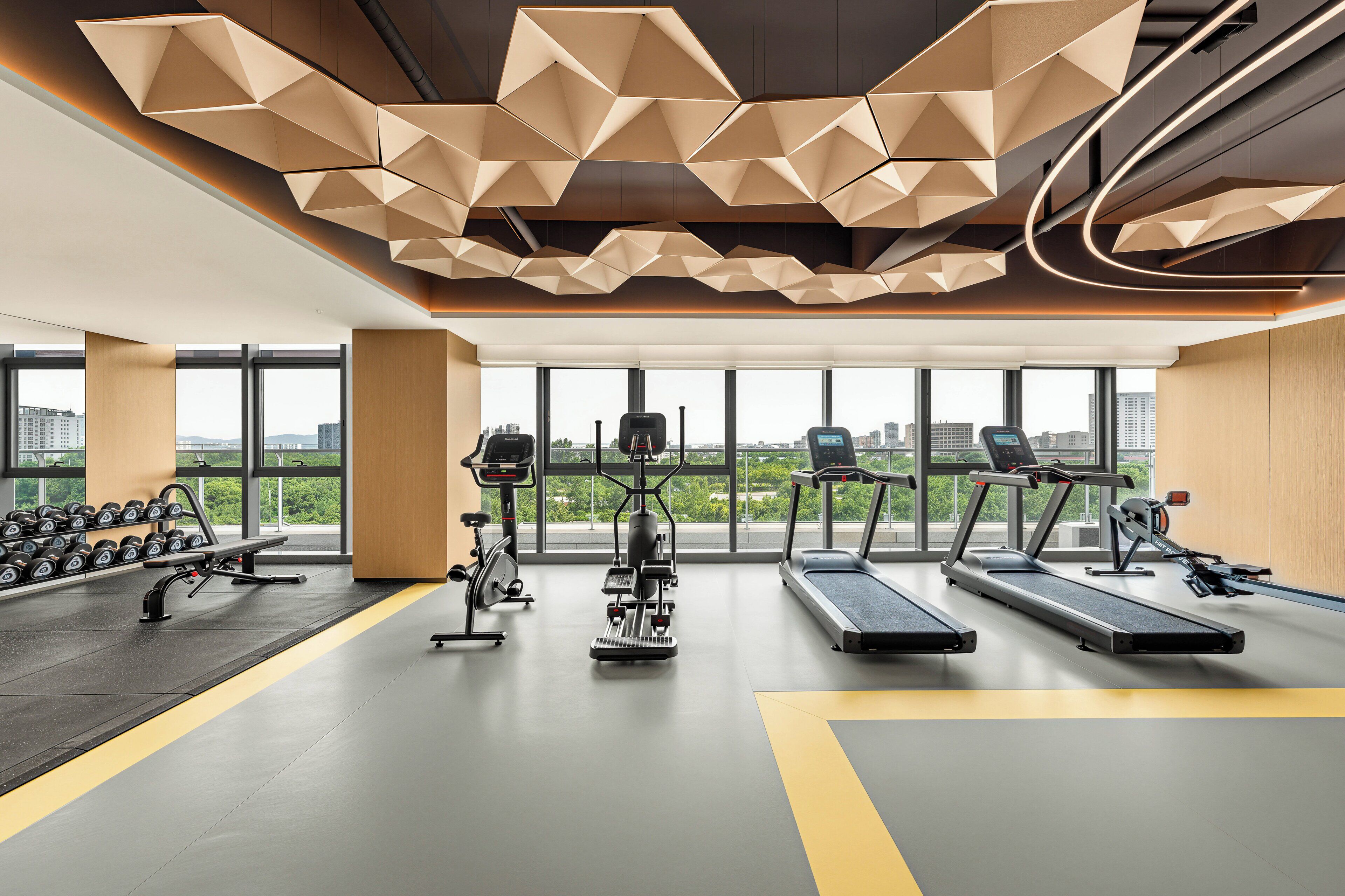 A modern gym with treadmills, elliptical machines, and dumbbells, large windows, and a geometric ceiling design.