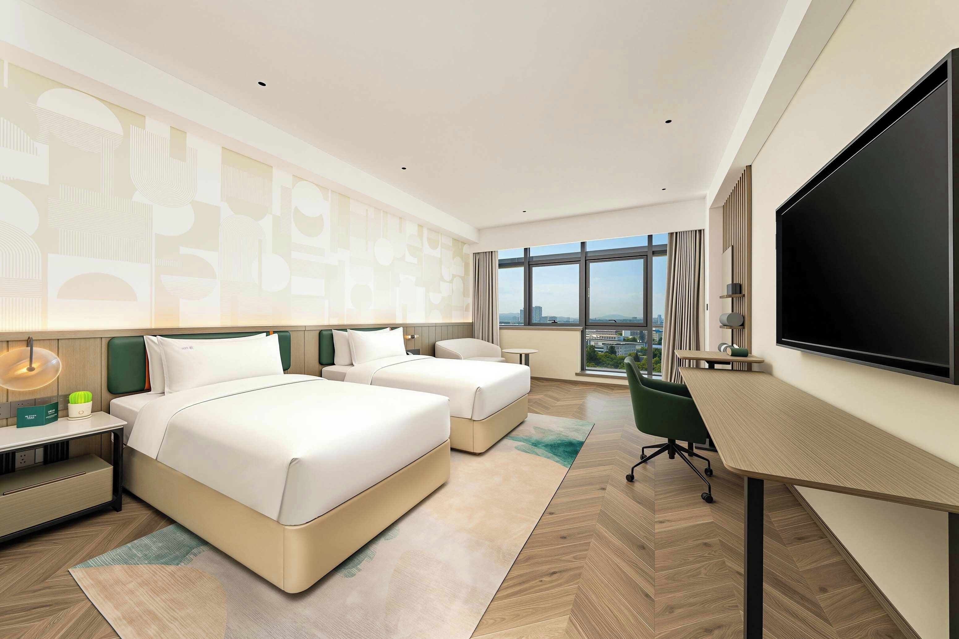 A hotel room with two beds, a desk, a chair, a TV, and a large window offering a city view.