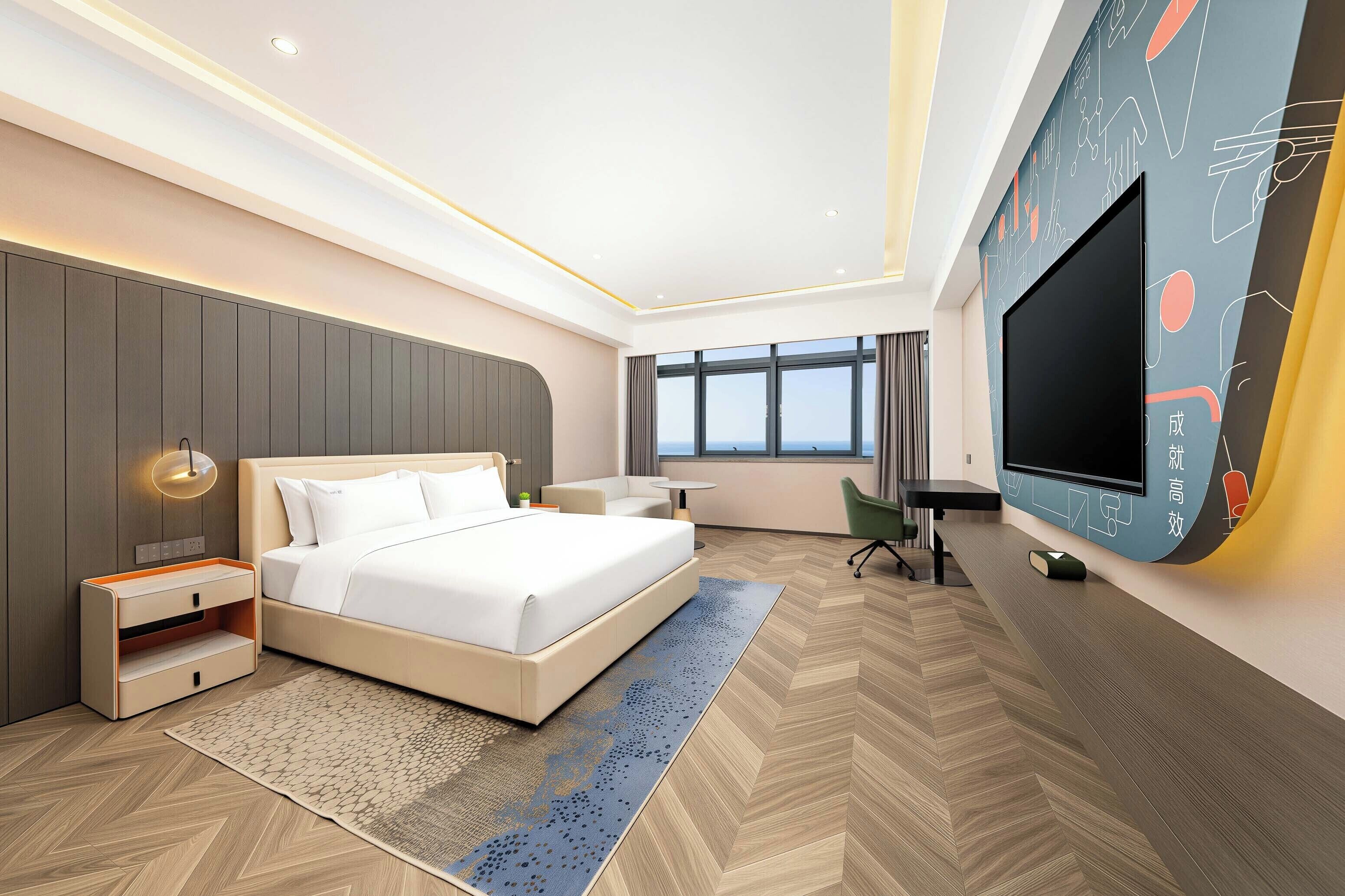 A modern hotel room with a large bed, a desk, a TV, and a view of the city.