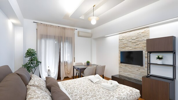 Una camera d'albergo moderna con un letto, una scrivania, una TV e una piccola pianta.