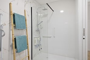 Hair dryer, towels, soap, toilet paper