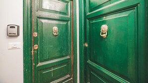 Two green doors with brass handles and a keypad lock on the wall. - The Yellow Nest Apartment in Trastevere (Roma)