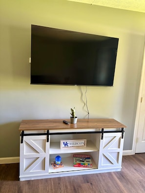 Ein Fernseher an einer Wand über einer Holzkonsole mit einer Pflanze und einer Fernbedienung.