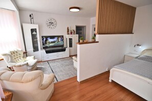 Un salon moderne comprenant un canapé, un téléviseur, un lit et une cloison en bois.